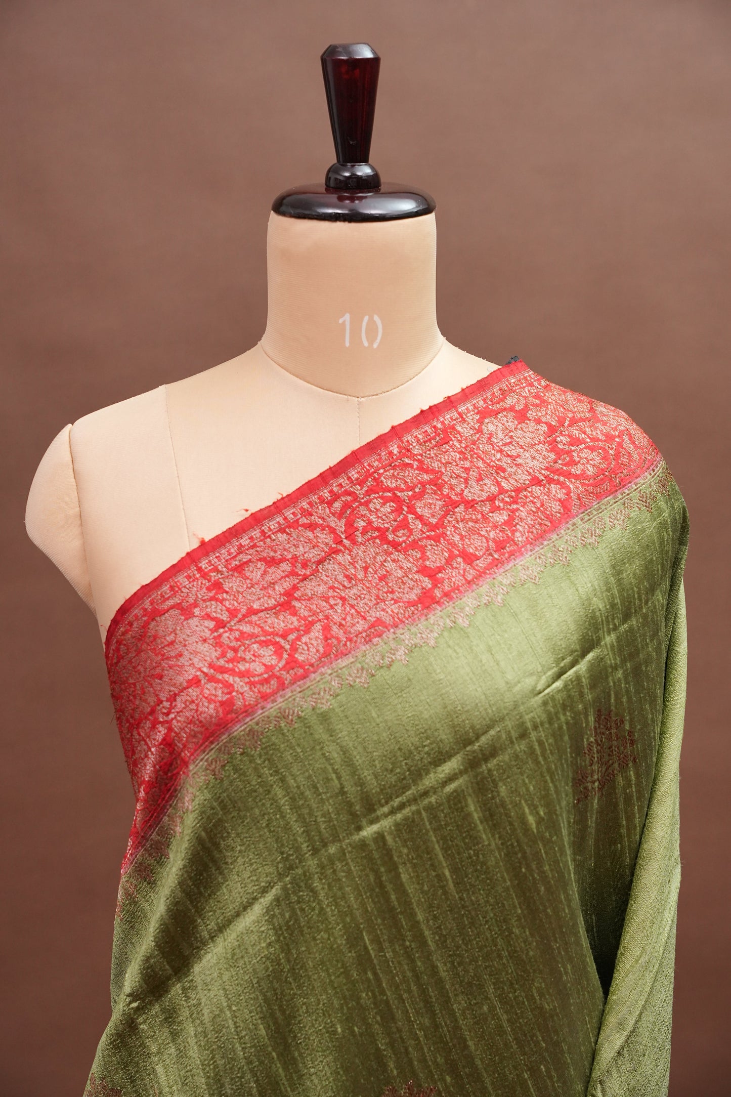 Pure Tussar Raw Silk Saree - Olive Green with 3D Contrast Antique Zari Borders|Silk Mark Certified