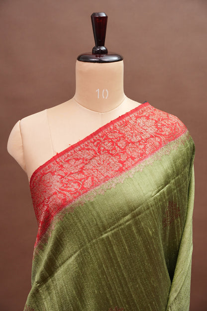 Pure Tussar Raw Silk Saree - Olive Green with 3D Contrast Antique Zari Borders|Silk Mark Certified