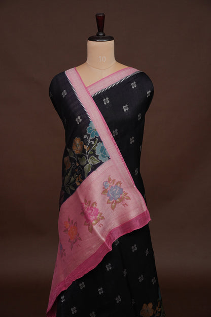 Tussar Banarasi Raw Silk Saree with Floral Paithani Weaves – Bottle Green & Pink
