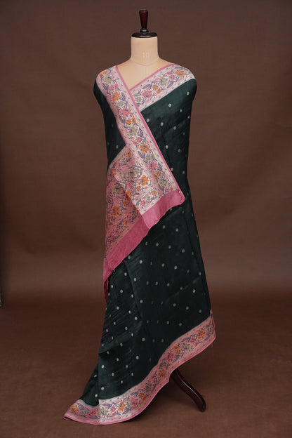 Tussar Banarasi Raw Silk Saree  with Floral Paithani Weaves – Bottle Green