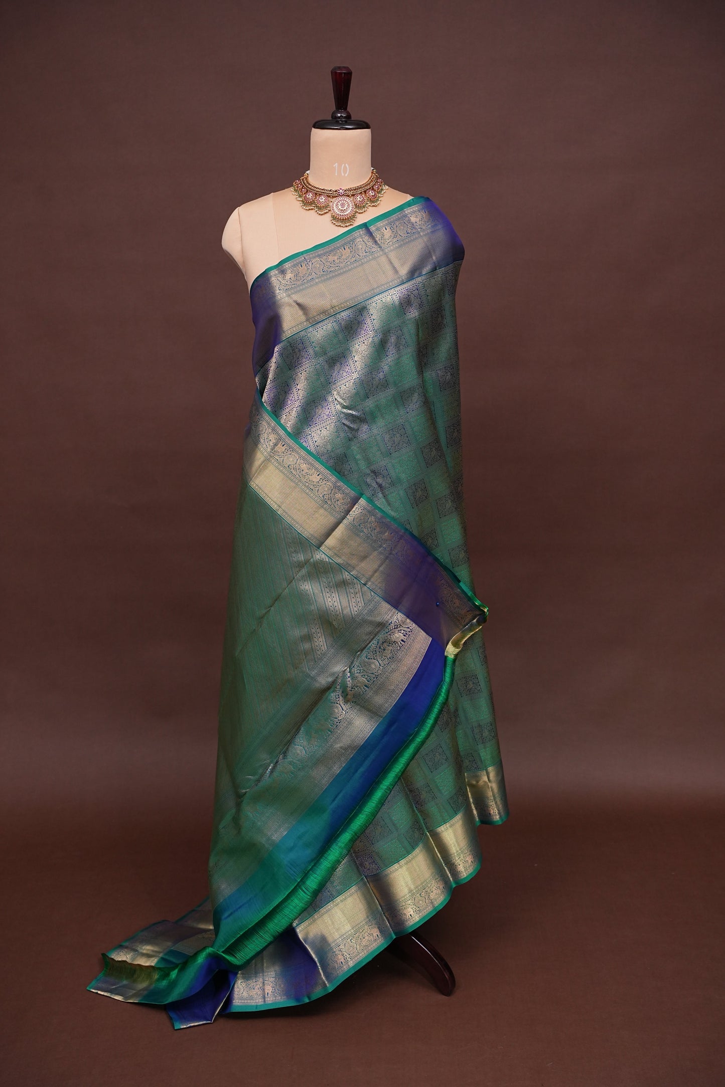 Pure Kanchipuram Silk Saree with Rich Gold Zari Weave - Teal & Blue