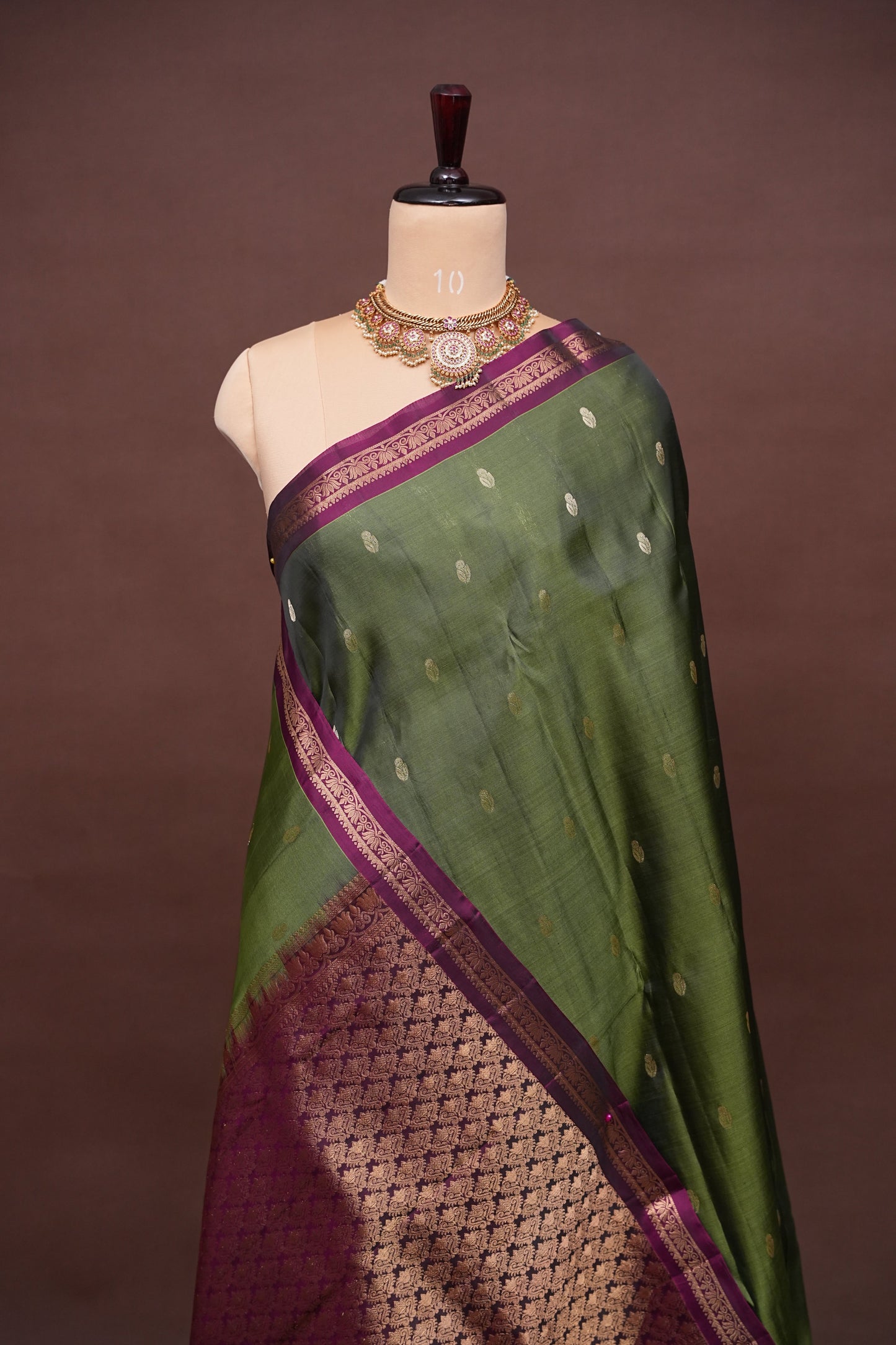 Pure Soft Silk Saree with Contrast Deep Purple Border & Rich Zari Pallu - Olive Green