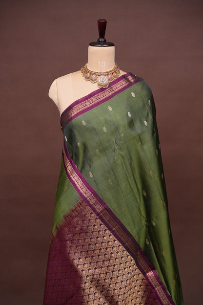 Pure Soft Silk Saree with Contrast Deep Purple Border & Rich Zari Pallu - Olive Green