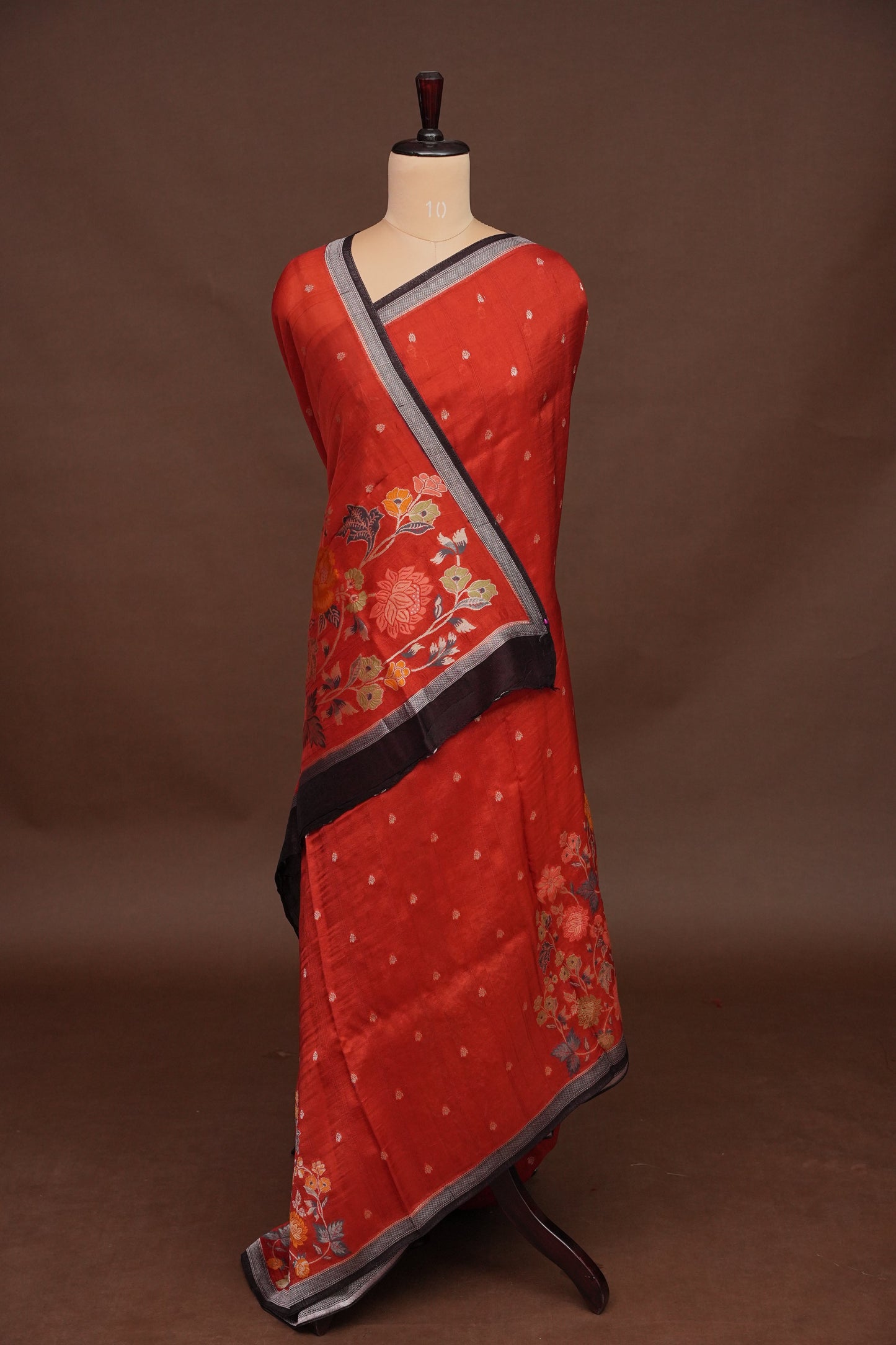 Tussar Banarasi Raw Silk Saree  with Floral Paithani Weaves – Burnt Orange & Black