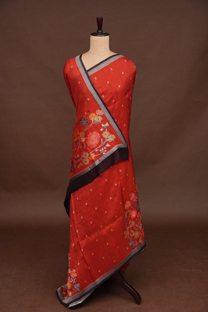 Tussar Banarasi Raw Silk Saree  with Floral Paithani Weaves – Burnt Orange & Black