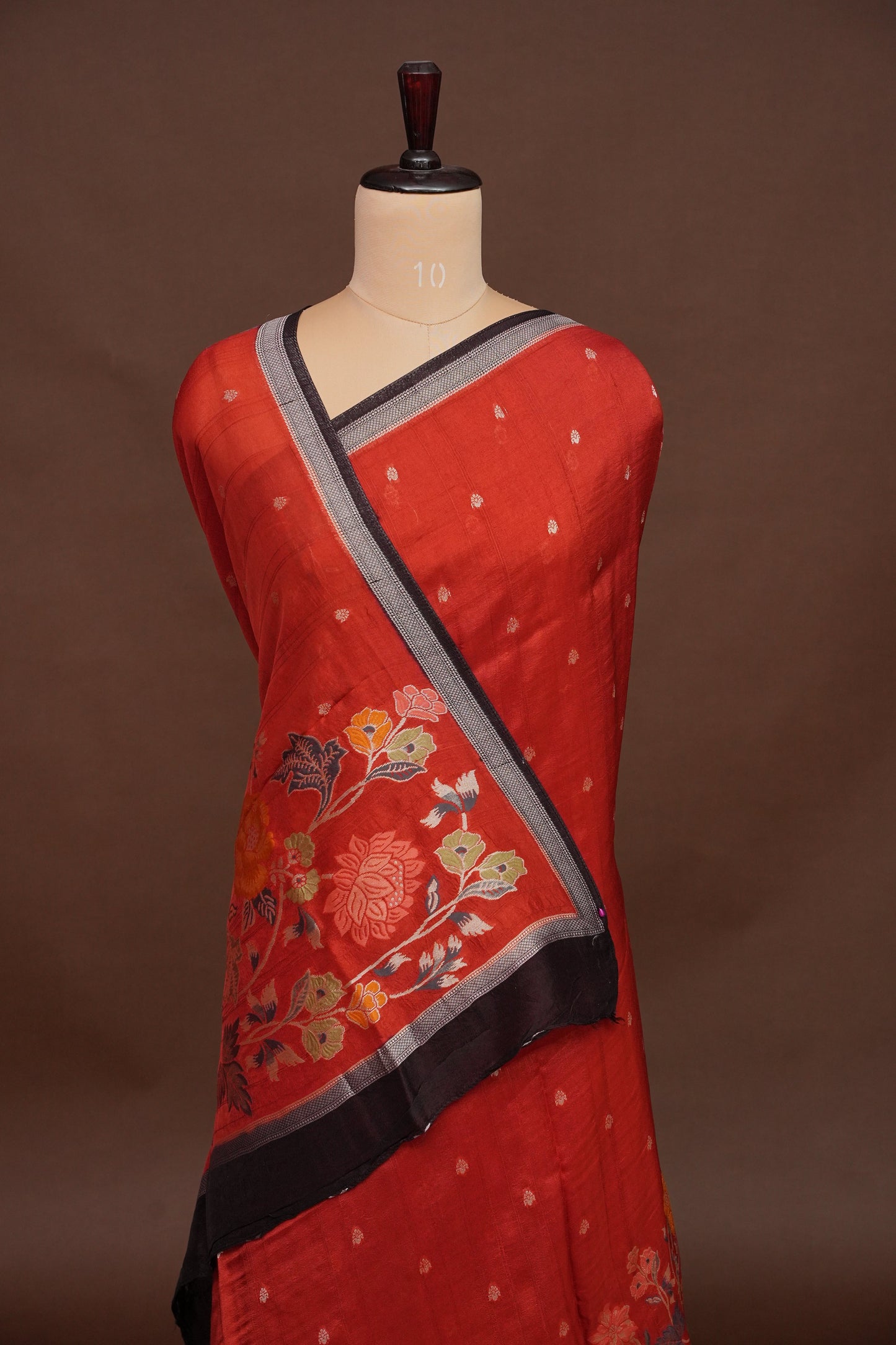 Tussar Banarasi Raw Silk Saree  with Floral Paithani Weaves – Burnt Orange & Black