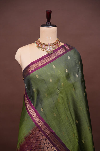 Pure Soft Silk Saree with Contrast Deep Purple Border & Rich Zari Pallu - Olive Green