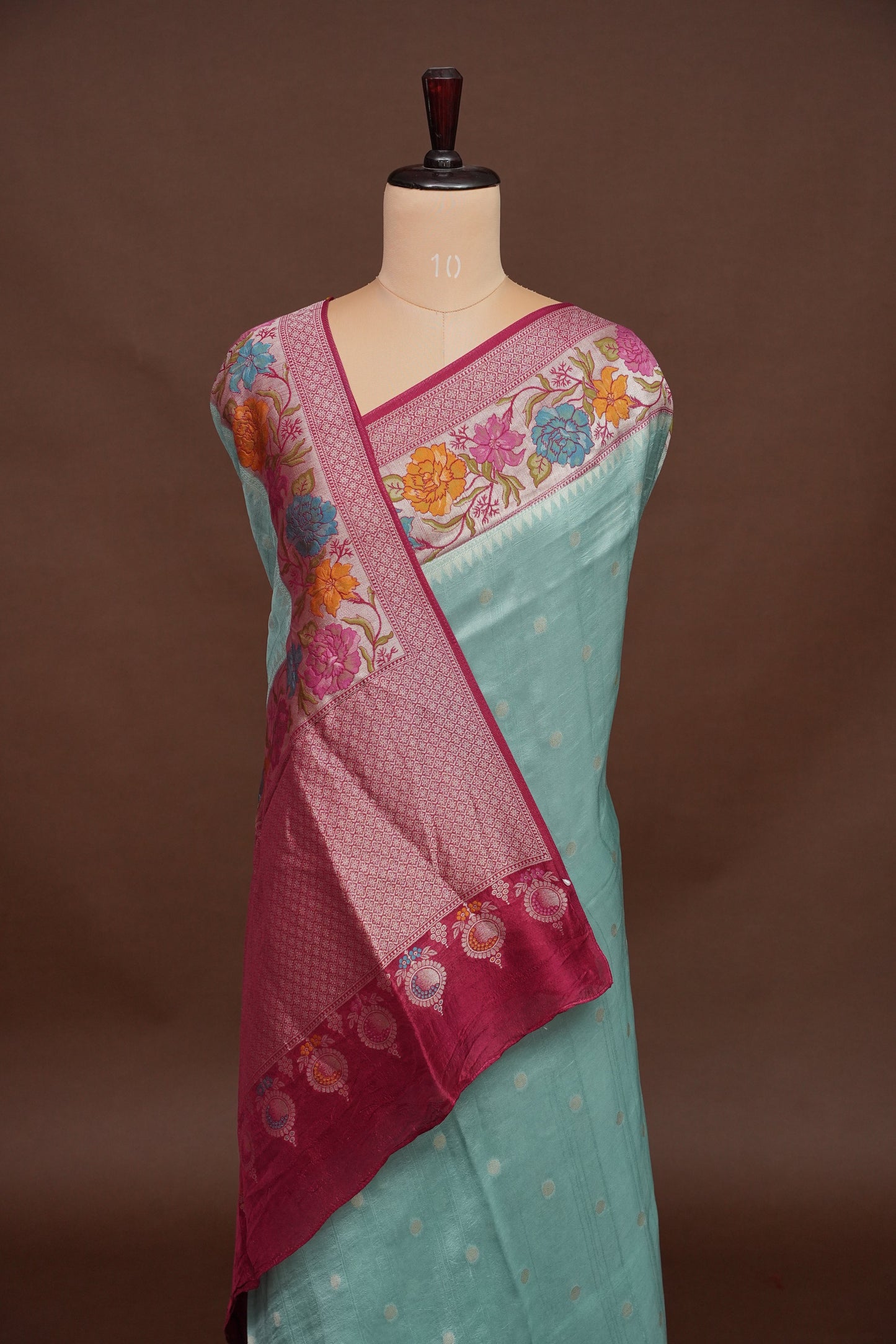 Tussar Banarasi Raw Silk Saree with Floral Paithani Weaves – Aqua Green