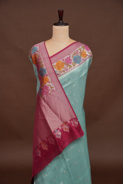 Tussar Banarasi Raw Silk Saree with Floral Paithani Weaves – Aqua Green