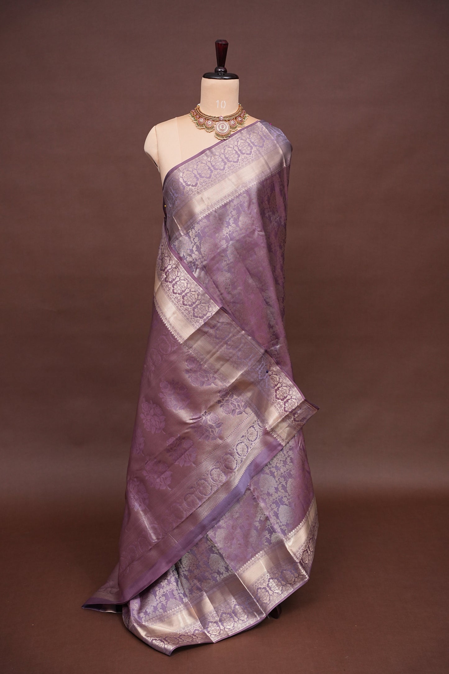 Pure Kanchipuram Silk Saree with Antique Gold Zari Floral Weaving - Soft Dusty Lavender