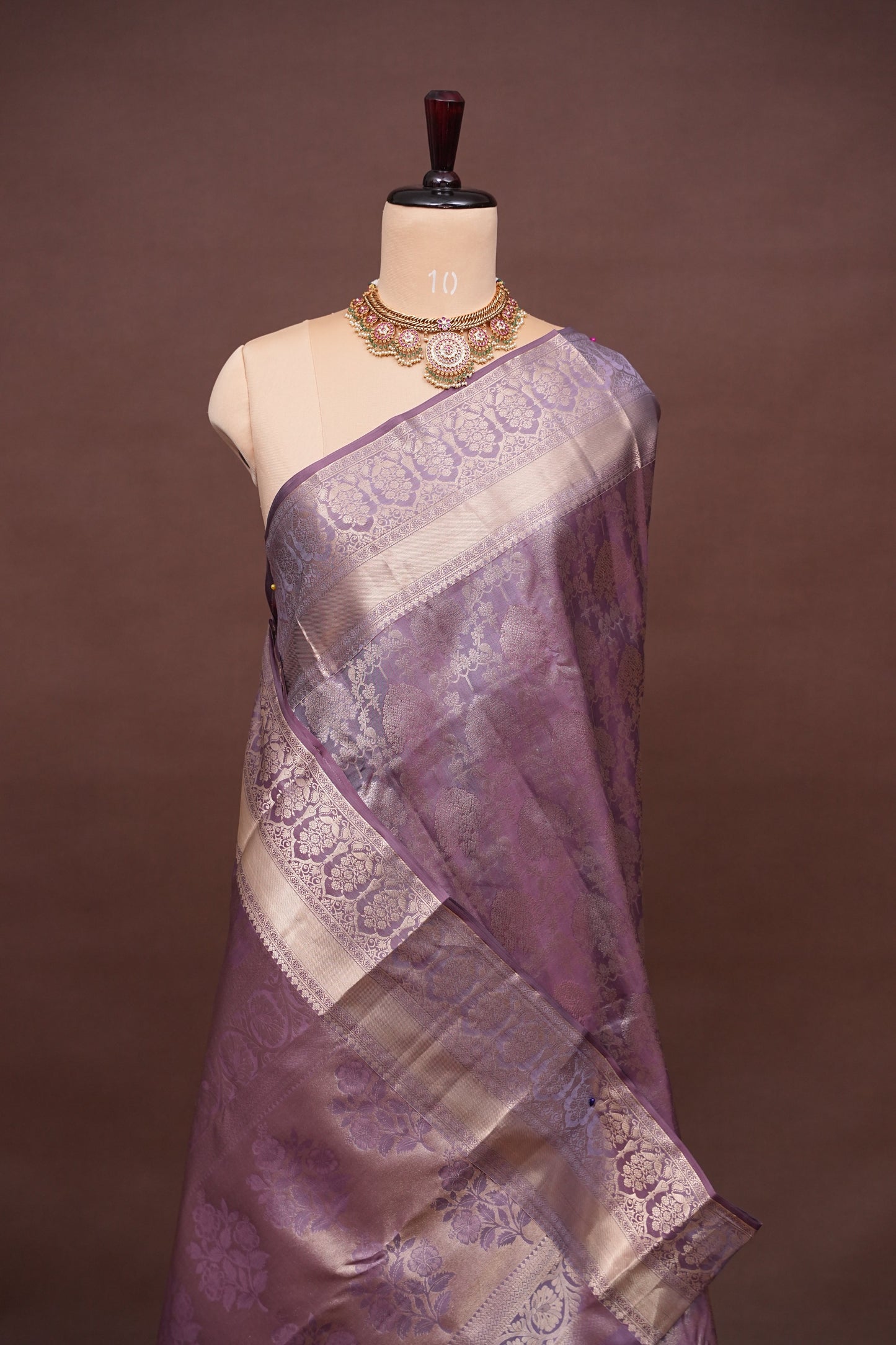 Pure Kanchipuram Silk Saree with Antique Gold Zari Floral Weaving - Soft Dusty Lavender