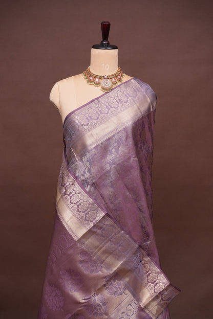 Pure Kanchipuram Silk Saree with Antique Gold Zari Floral Weaving - Soft Dusty Lavender