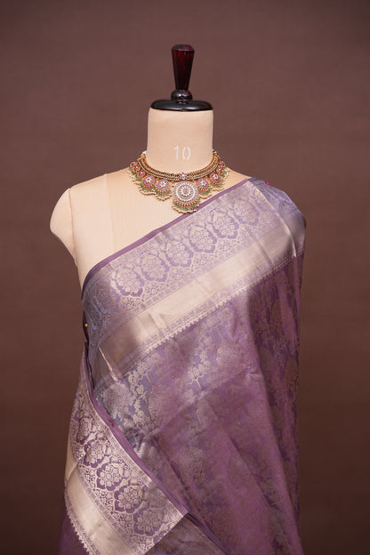 Pure Kanchipuram Silk Saree with Antique Gold Zari Floral Weaving - Soft Dusty Lavender