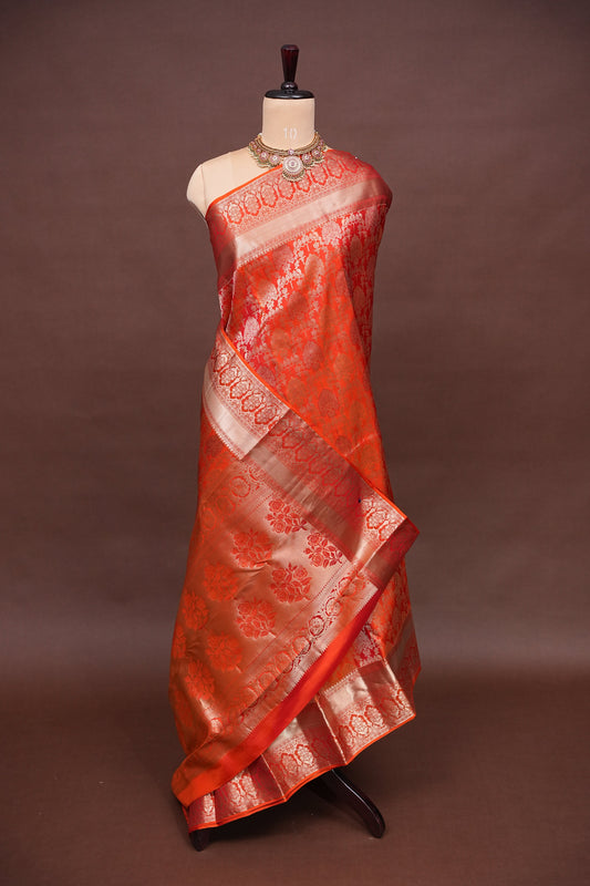 Pure Kanchipuram Silk Saree with Rich Gold Zari Weaving - Vibrant Coral Orange