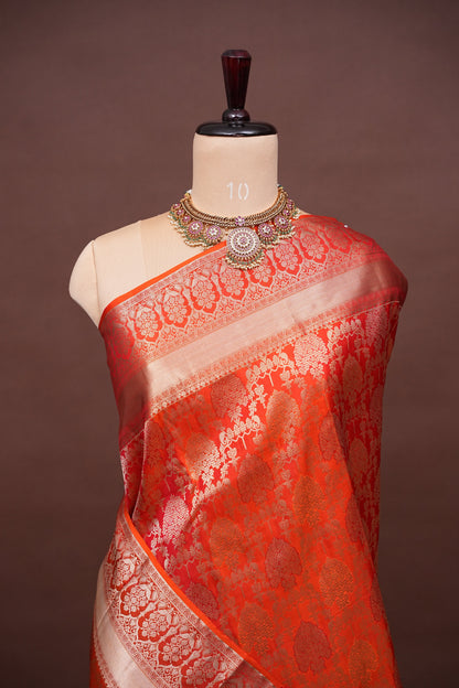 Pure Kanchipuram Silk Saree with Rich Gold Zari Weaving - Vibrant Coral Orange