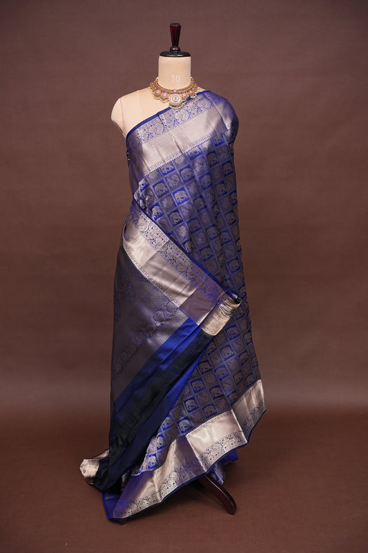 Pure Kanchipuram Brocade Silk Saree with Gold Zari Motifs - Royal Blue