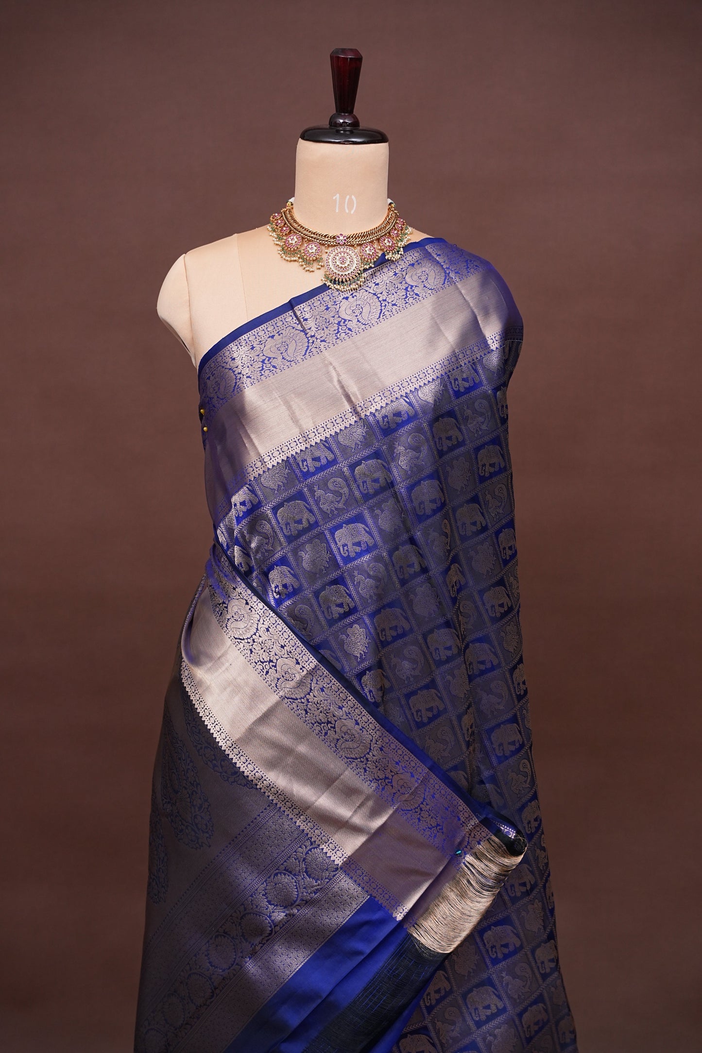 Pure Kanchipuram Brocade Silk Saree with Gold Zari Motifs - Royal Blue