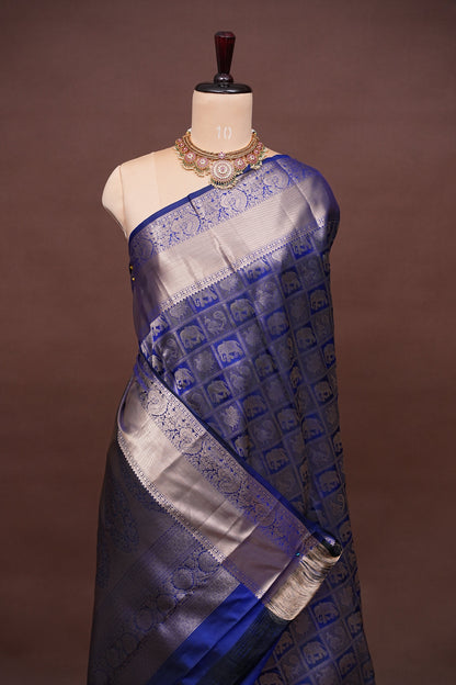 Pure Kanchipuram Brocade Silk Saree with Gold Zari Motifs - Royal Blue