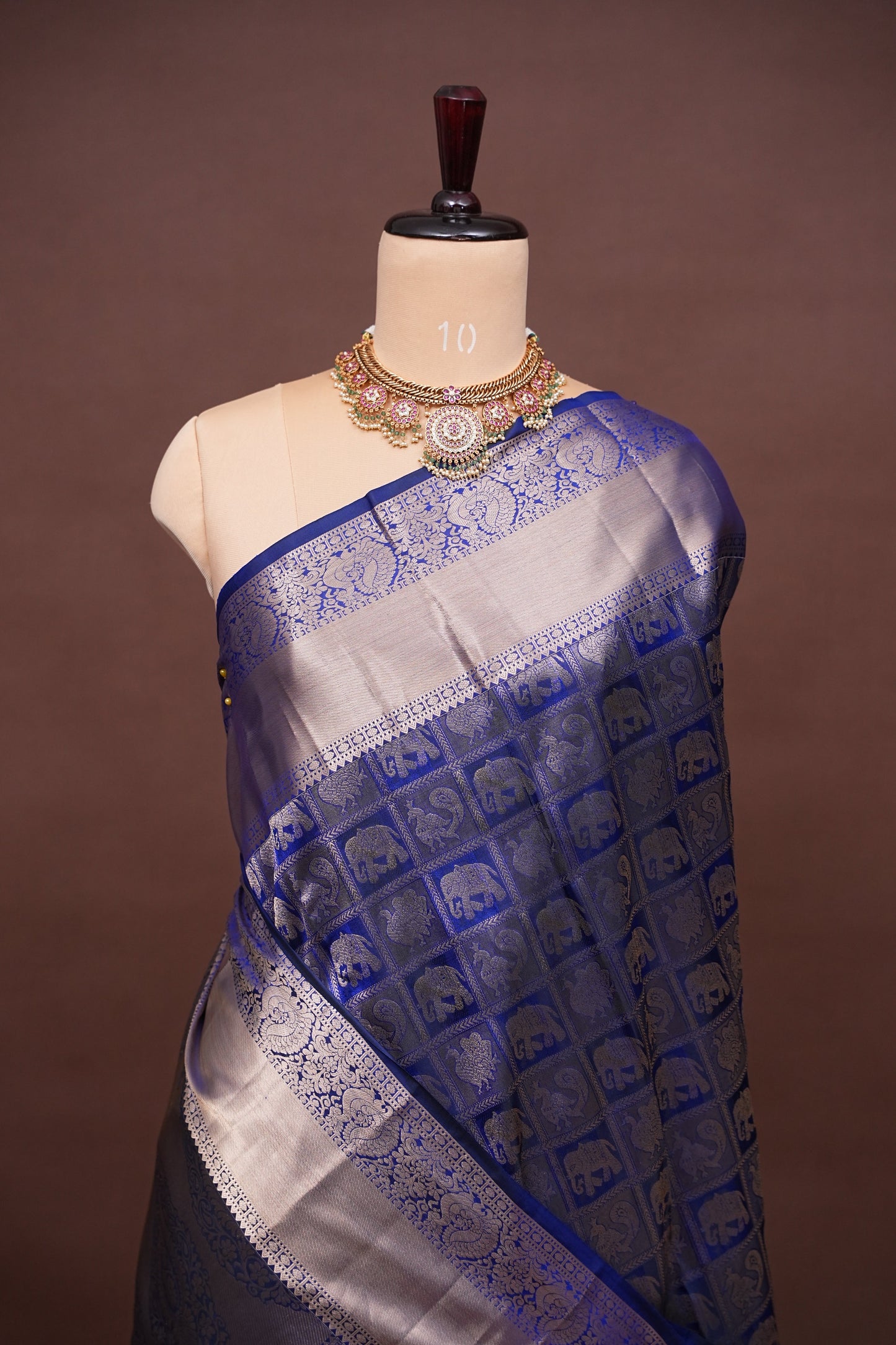Pure Kanchipuram Brocade Silk Saree with Gold Zari Motifs - Royal Blue