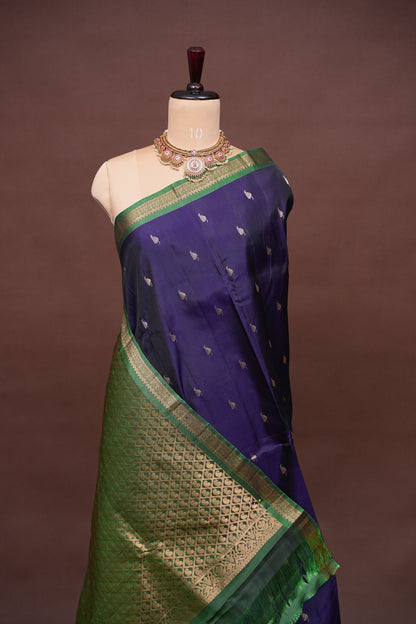 Pure Soft Silk Saree with Rich Zari Pallu - Deep Purple & Emerald Green