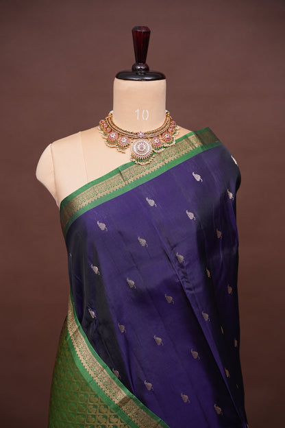 Pure Soft Silk Saree with Rich Zari Pallu - Deep Purple & Emerald Green