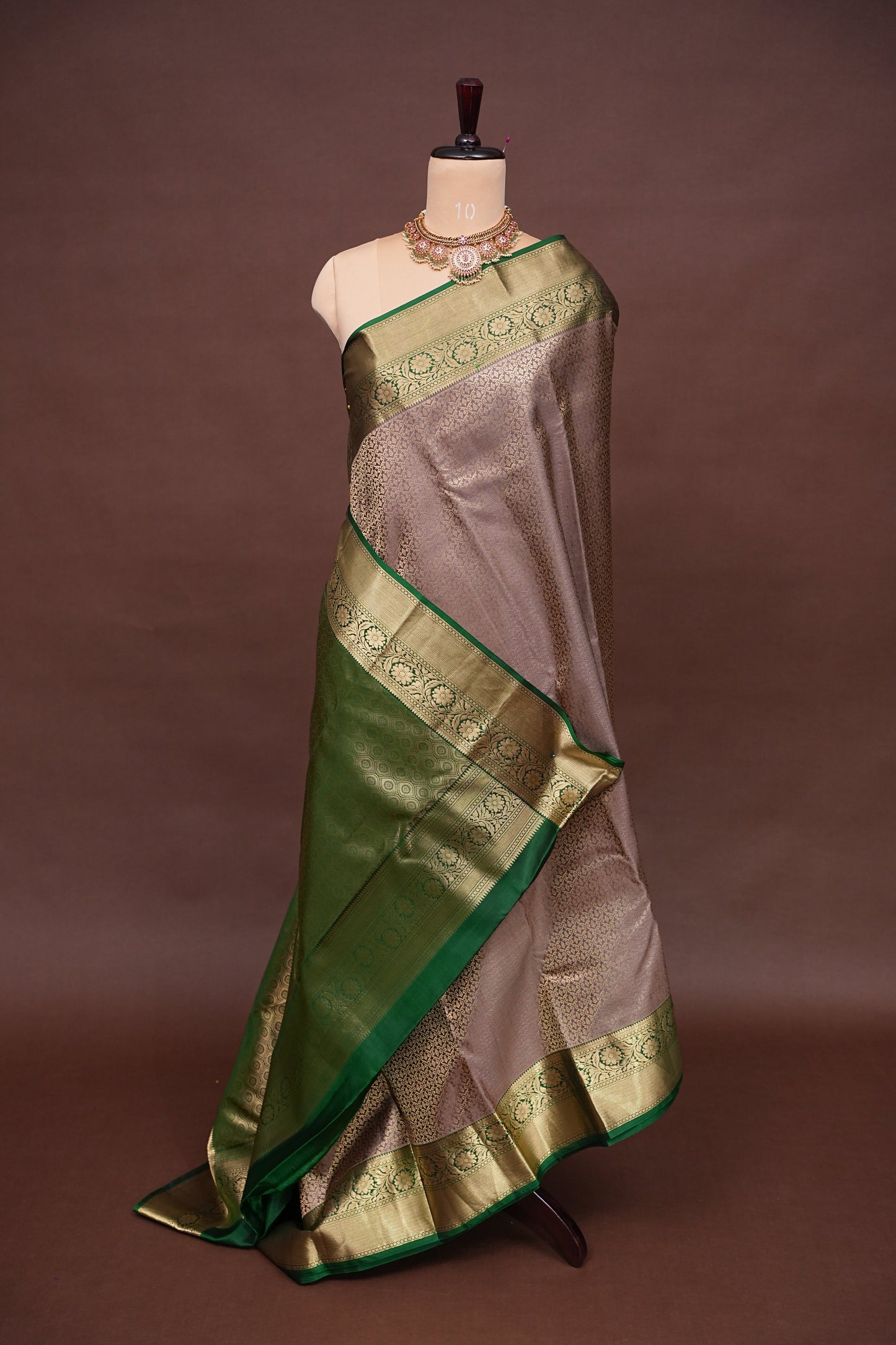 Pure Kanchipuram Silk Saree with Rich Zari Weave - Champagne Gold and Emerald Green