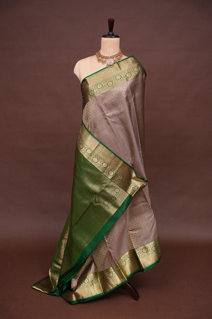 Pure Kanchipuram Silk Saree with Rich Zari Weave - Champagne Gold and Emerald Green