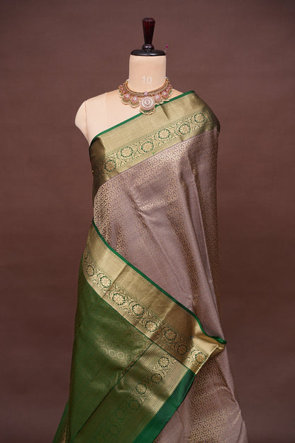 Pure Kanchipuram Silk Saree with Rich Zari Weave - Champagne Gold and Emerald Green