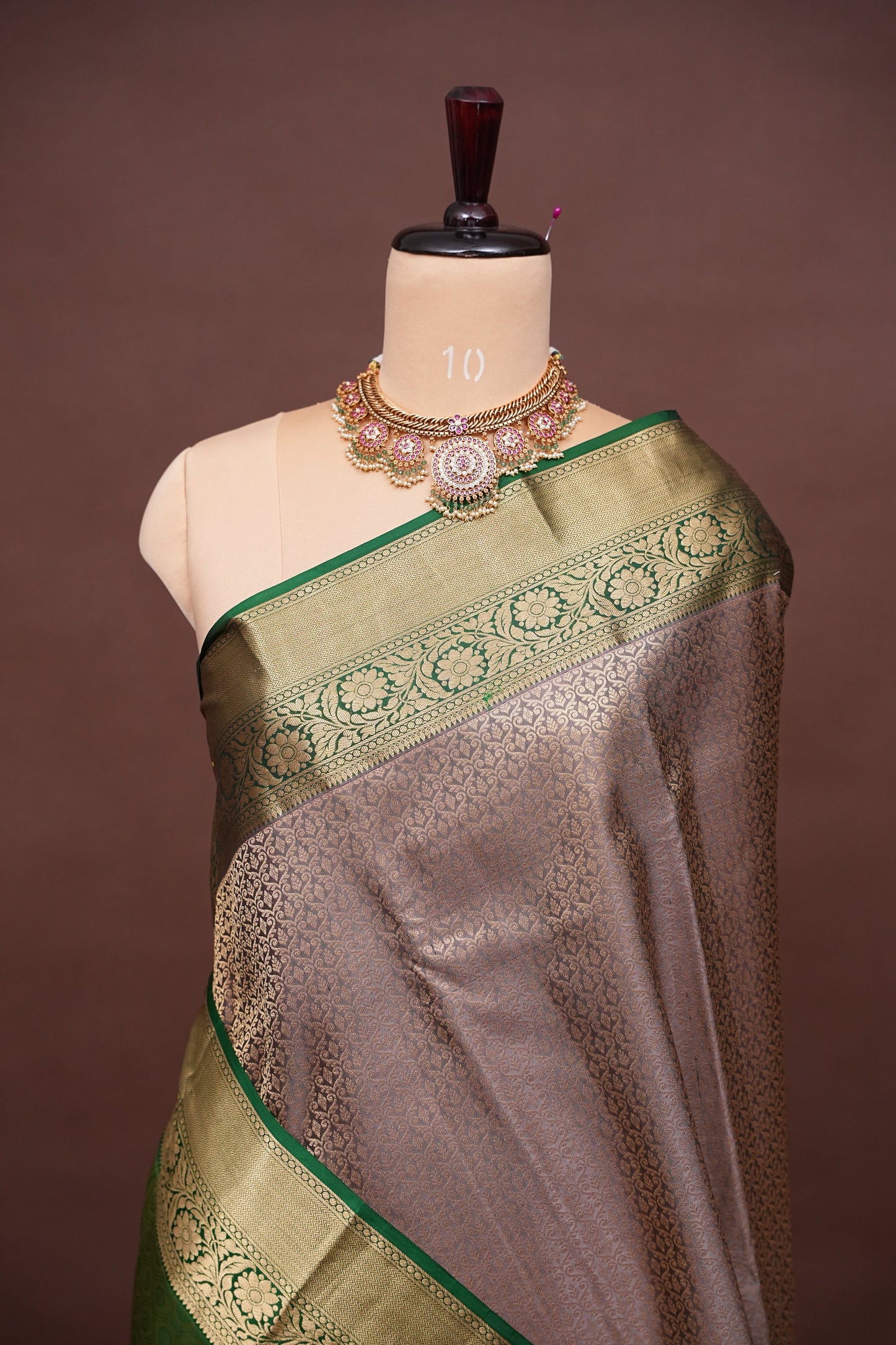 Pure Kanchipuram Silk Saree with Rich Zari Weave - Champagne Gold and Emerald Green