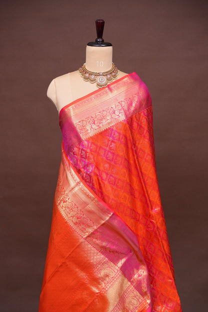 Rangkat Collection - Fiery Orange & Pink Dual Tone Kanchipuram Silk Saree with Rich Gold Zari Weave