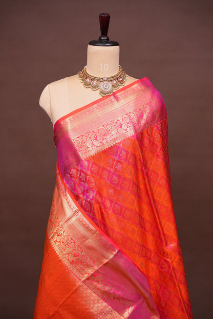 Rangkat Collection - Fiery Orange & Pink Dual Tone Kanchipuram Silk Saree with Rich Gold Zari Weave