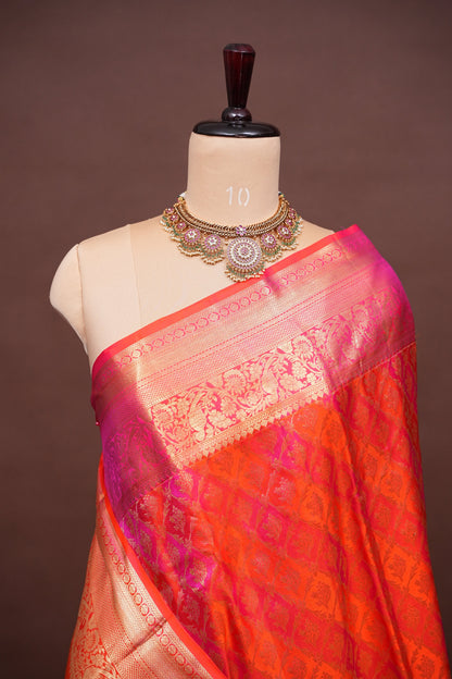 Rangkat Collection - Fiery Orange & Pink Dual Tone Kanchipuram Silk Saree with Rich Gold Zari Weave