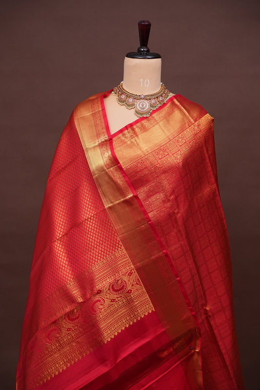 Pure Kanchipuram Silk Saree with Rich Gold Zari Weave - Classic Crimpson Red