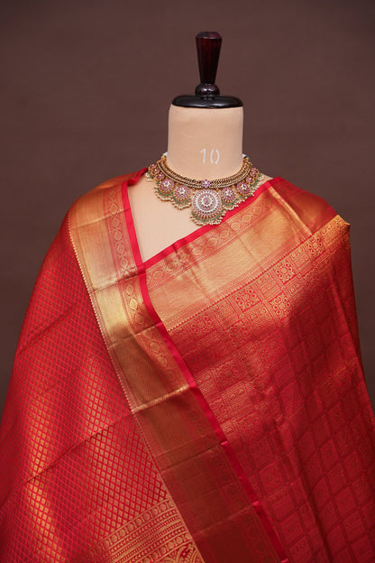 Pure Kanchipuram Silk Saree with Rich Gold Zari Weave - Classic Crimpson Red