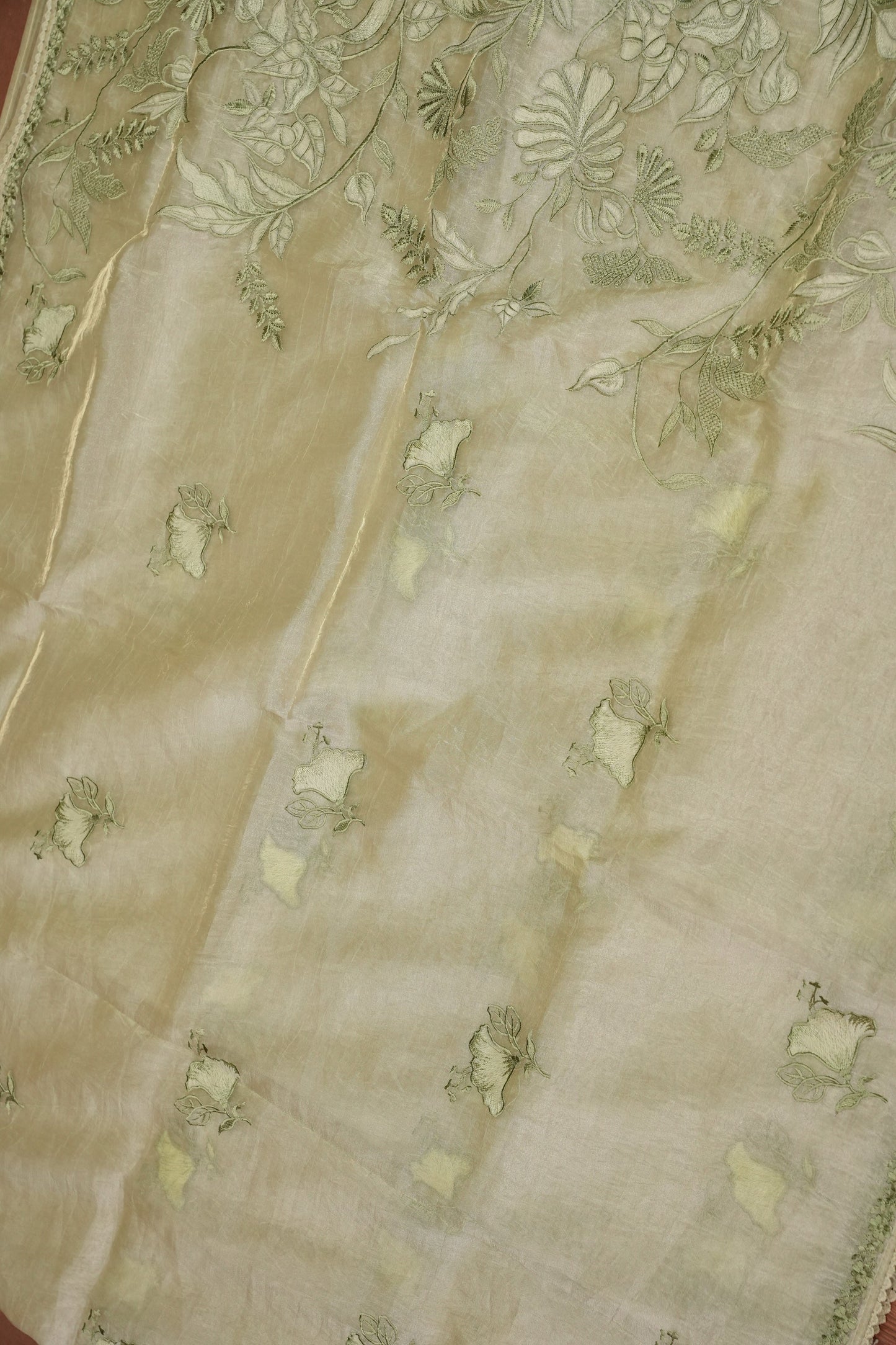 Soft Organza Saree with Floral Embroidery - Light Pistachio Green