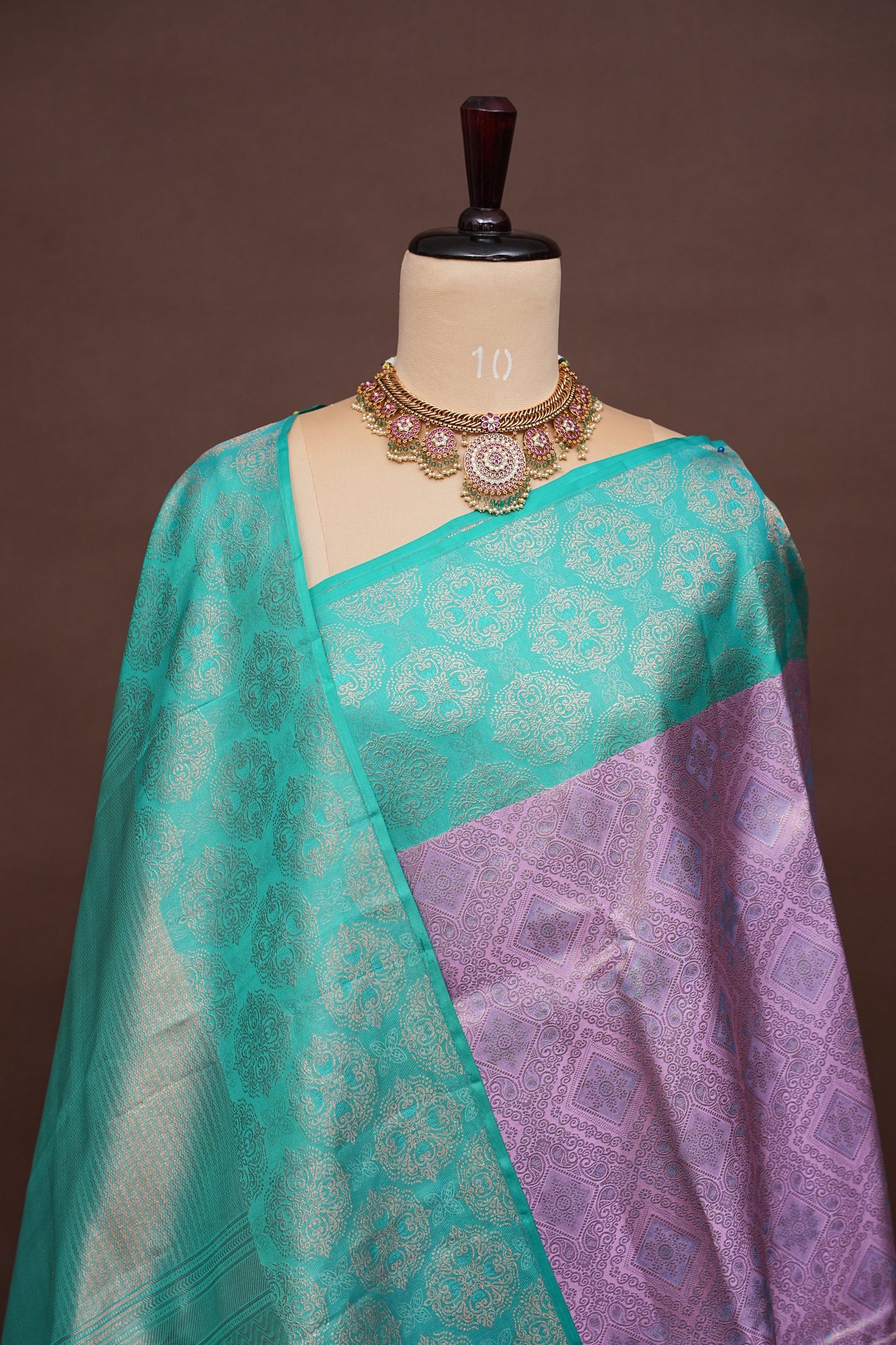 Pure Kanchipuram Fully Brocade Zari Silk Saree with Intricate Zari Weave - Aqua Green & Lavender