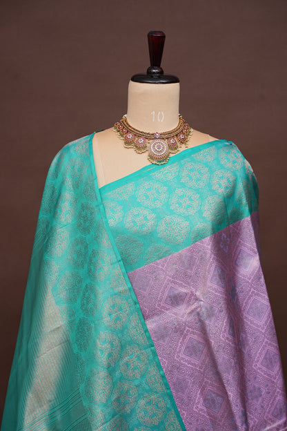 Pure Kanchipuram Fully Brocade Zari Silk Saree with Intricate Zari Weave - Aqua Green & Lavender