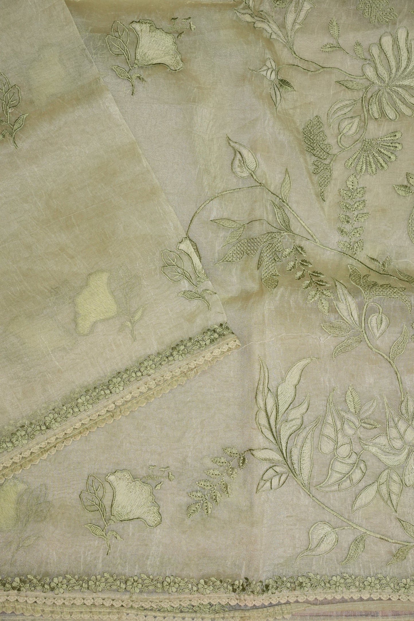 Soft Organza Saree with Floral Embroidery - Light Pistachio Green