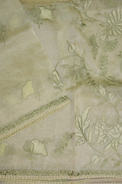 Soft Organza Saree with Floral Embroidery - Light Pistachio Green