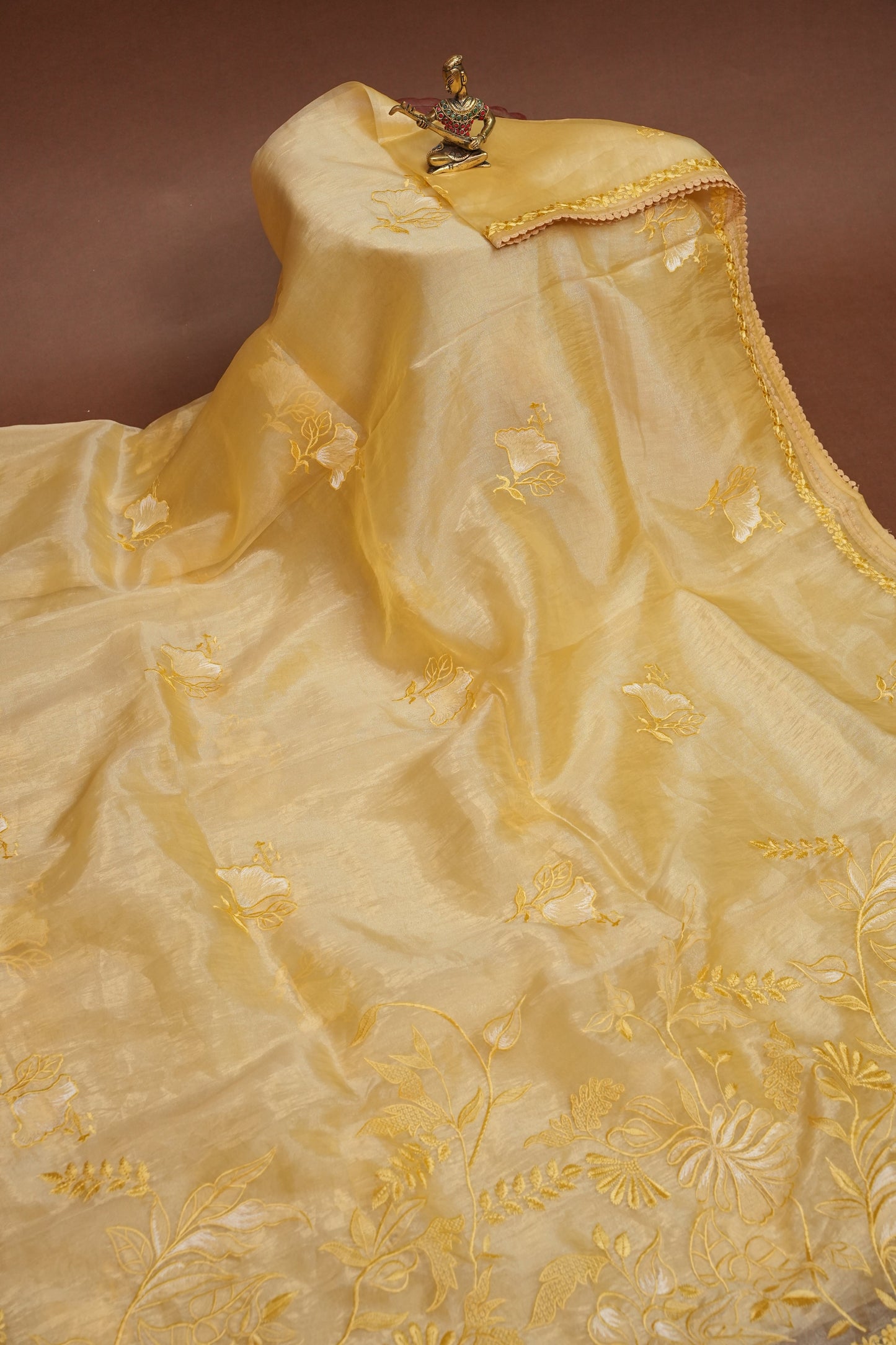 Soft Organza Saree with Floral Embroidery - Pastel Light Yellow