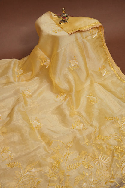 Soft Organza Saree with Floral Embroidery - Pastel Light Yellow