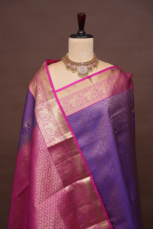 Pure Kanchipuram Silk Saree with Rich Zari Weave - Dual Tone Pink & Royal Purple