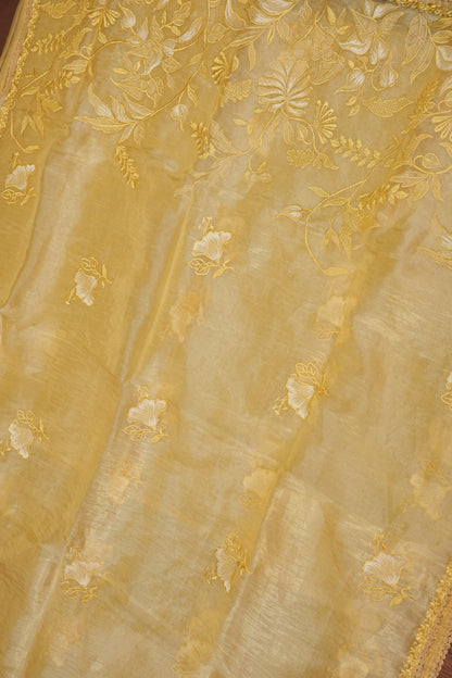 Soft Organza Saree with Floral Embroidery - Pastel Light Yellow