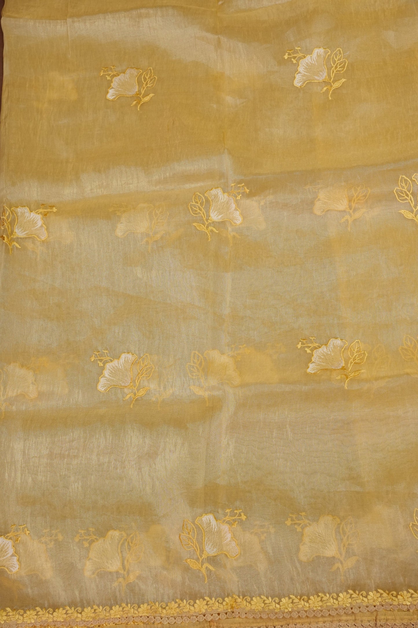 Soft Organza Saree with Floral Embroidery - Pastel Light Yellow