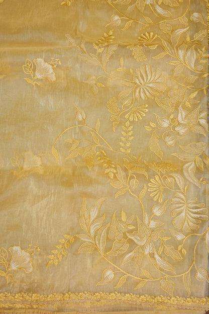 Soft Organza Saree with Floral Embroidery - Pastel Light Yellow