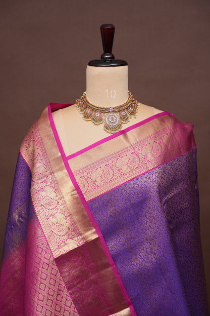 Pure Kanchipuram Silk Saree with Rich Zari Weave - Dual Tone Pink & Royal Purple
