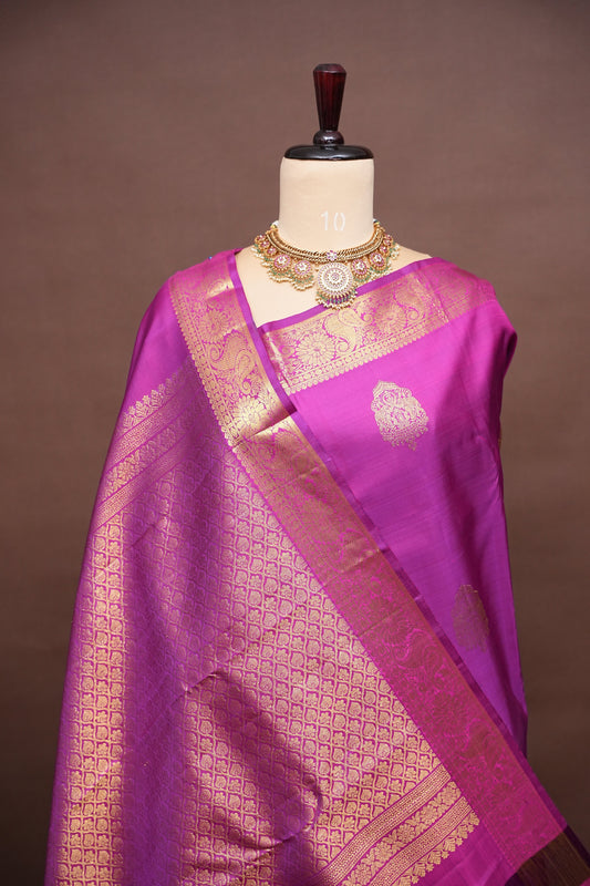 Pure Kanchipuram Silk Saree with Rich Gold Zari Weaving - Magenta