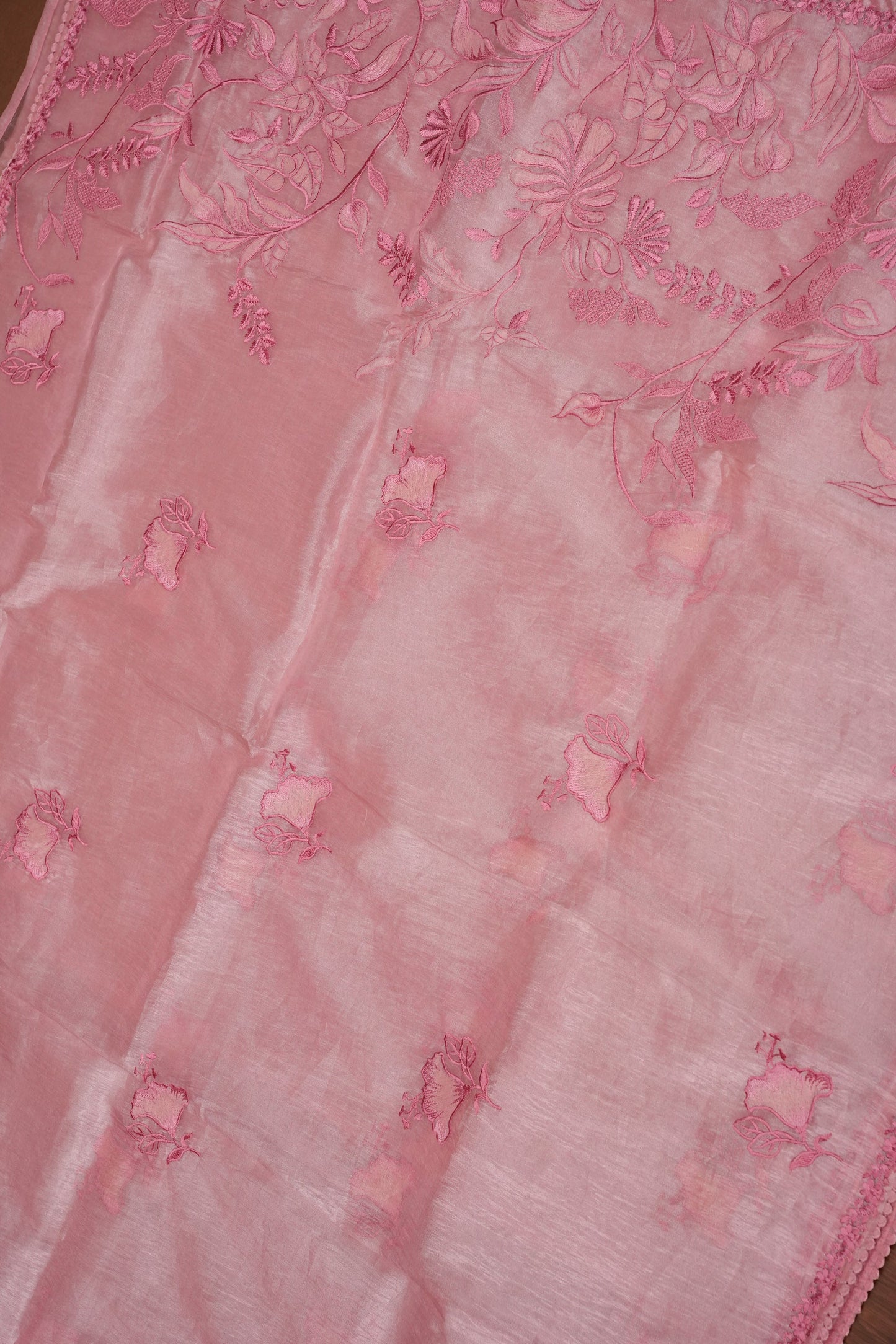 Soft Organza Saree with Floral Embroidery - Blush Pink