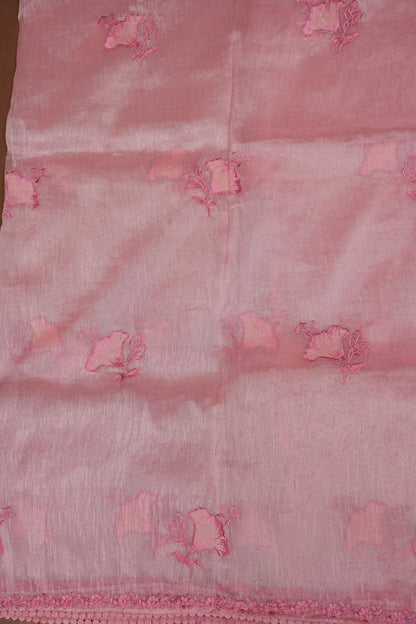 Soft Organza Saree with Floral Embroidery - Blush Pink