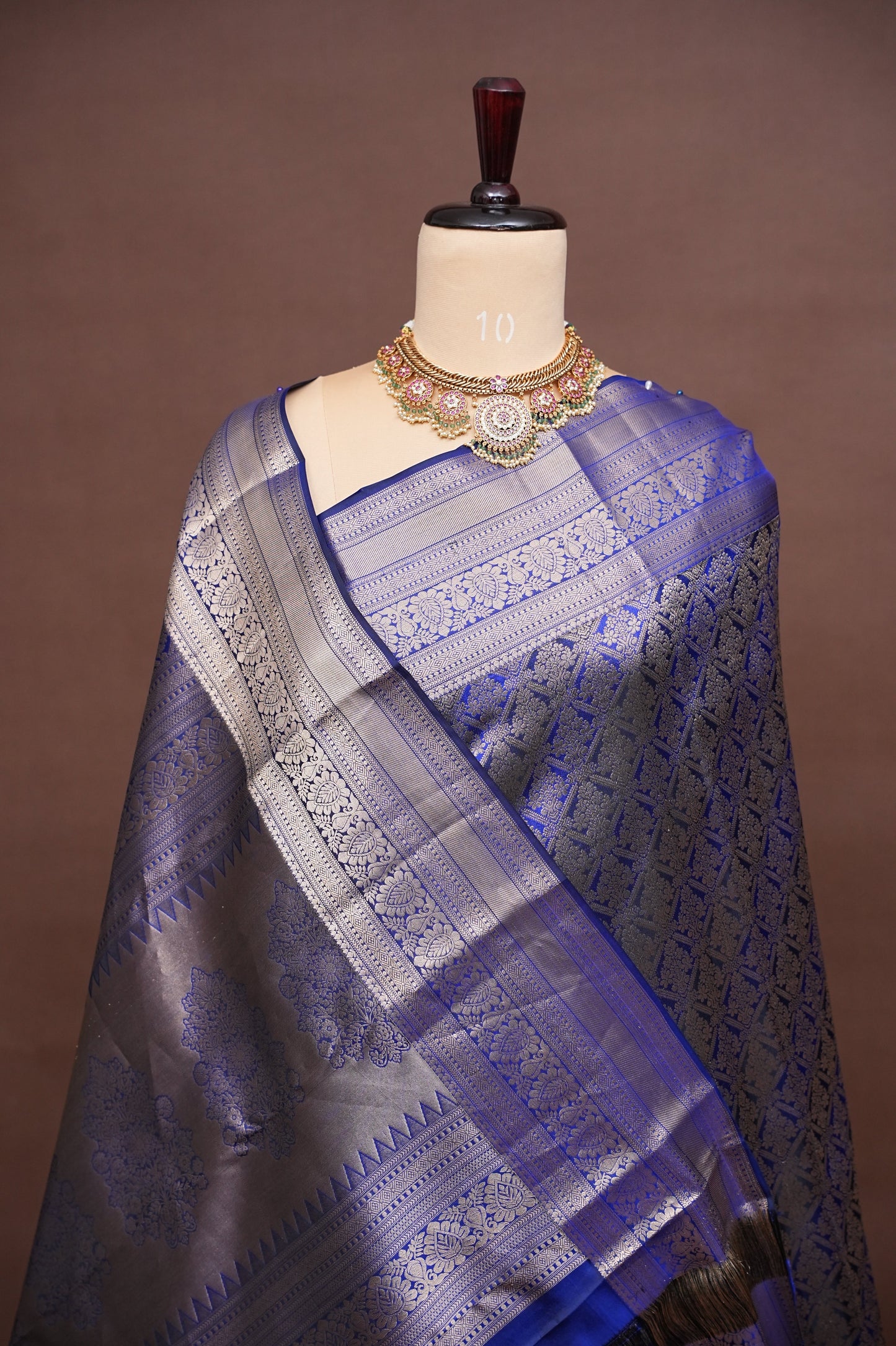 Brocade Pure Kanchipuram Silk Saree with Antique Gold Zari - Royal Blue
